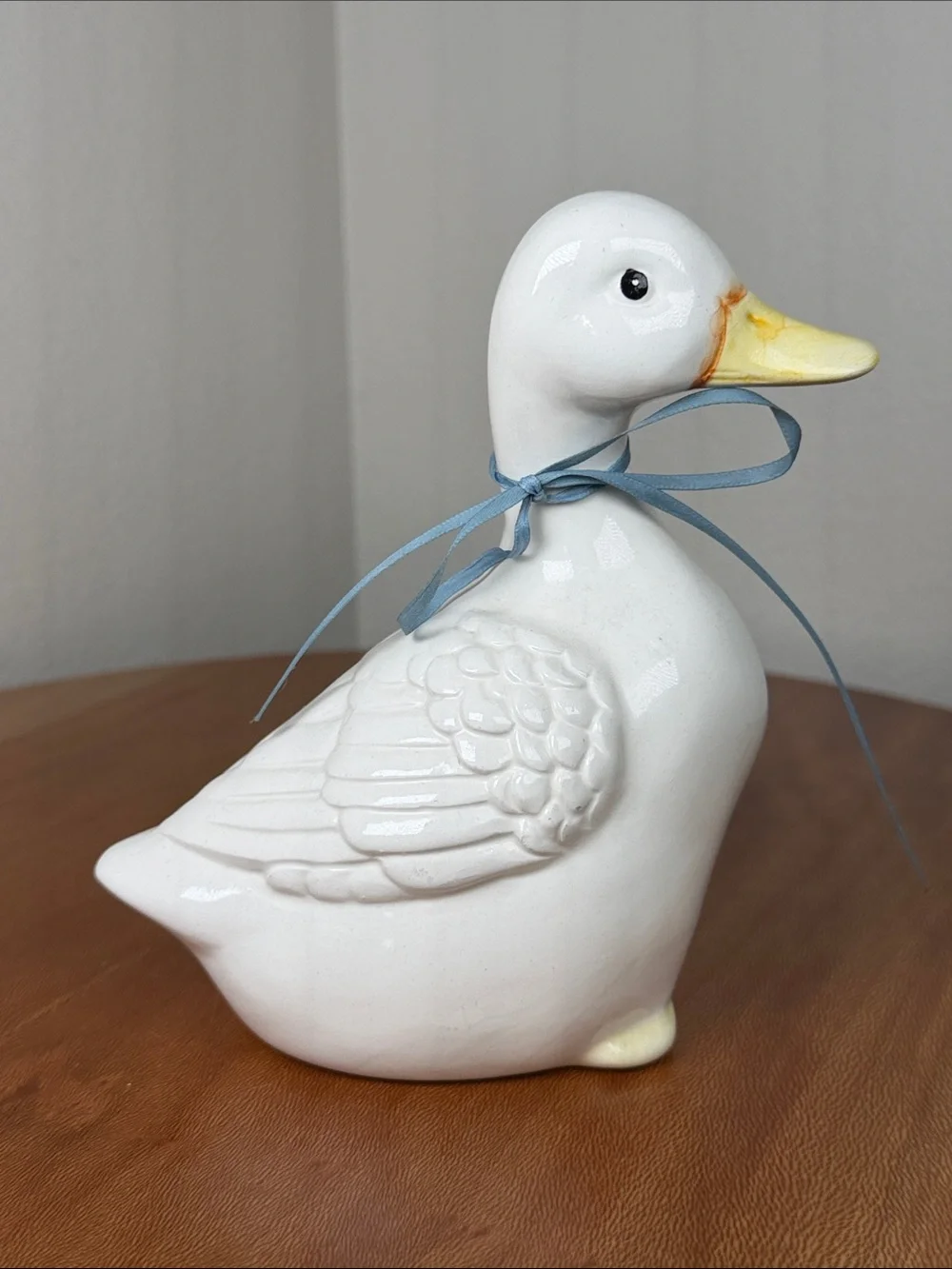 Vintage Hand Crafted Hand Made Ceramic Duck White Yellow Blue Bow Farmhouse